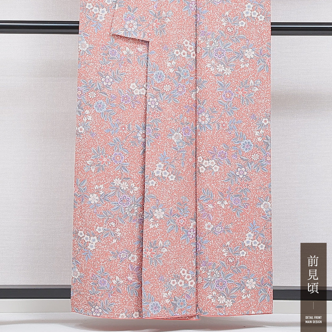 洗える着物 小紋 袷 身丈158cm 裄丈62cm ポリエステル Sランク インフォーマル 広衿 Mサイズ 花柄 ピンク系 RP 1221-16436