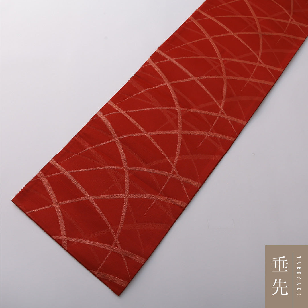 九寸名古屋帯 Aランク 帯丈354cm 正絹 六通 開き仕立て 織り インフォーマル 芝草 朱系 LP 1245-03353