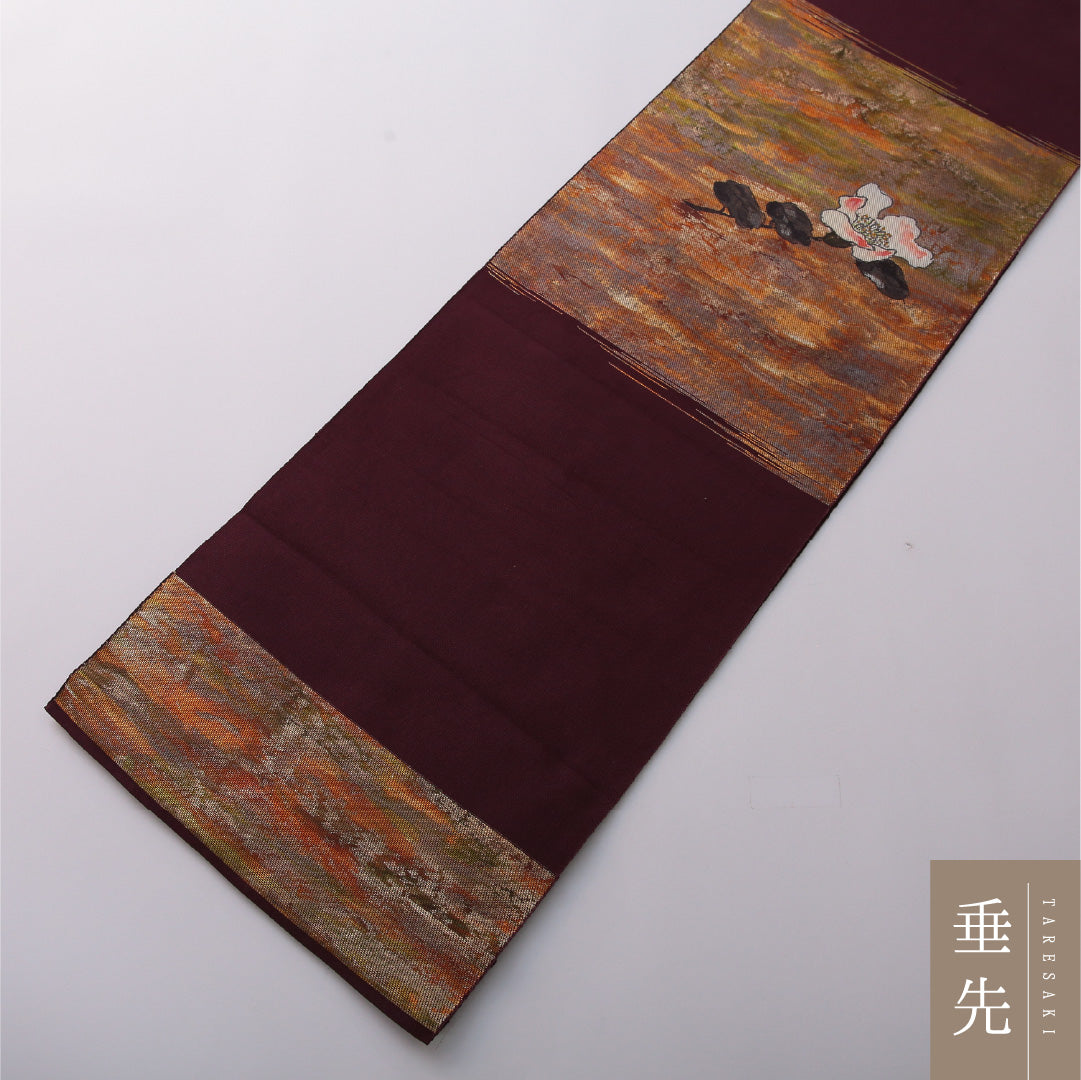 八寸名古屋帯 Aランク 帯丈364cm 正絹 ポイント柄 松葉仕立て 織り・染め インフォーマル 牡丹 紫系 M4 1245-03357