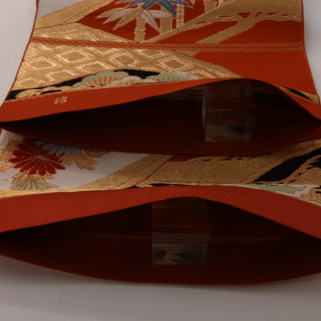 袋帯 帯丈400cm フォーマル 六通 未仕立て 帯芯なし Cランク 正絹 菱 菊 笹 朱系 金系 1223-01902