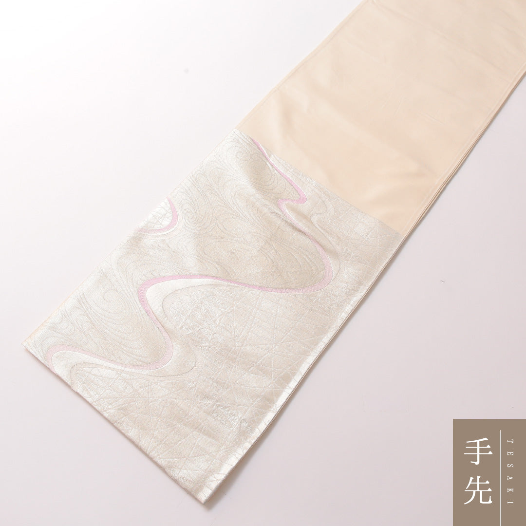 袋帯 帯丈416cm 正絹 六通 セミフォーマル 流水 銀系 1243-01855