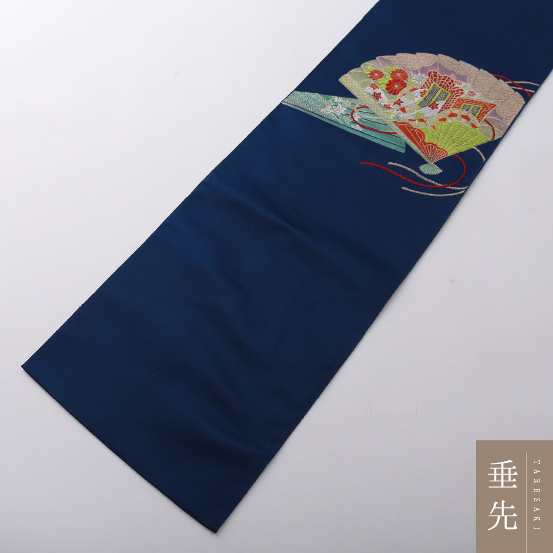 八寸名古屋帯 Aランク 帯丈343cm 正絹 ポイント柄 名古屋仕立て 帯芯なし 織り セミフォーマル 花車 青系 RP 1245-03642