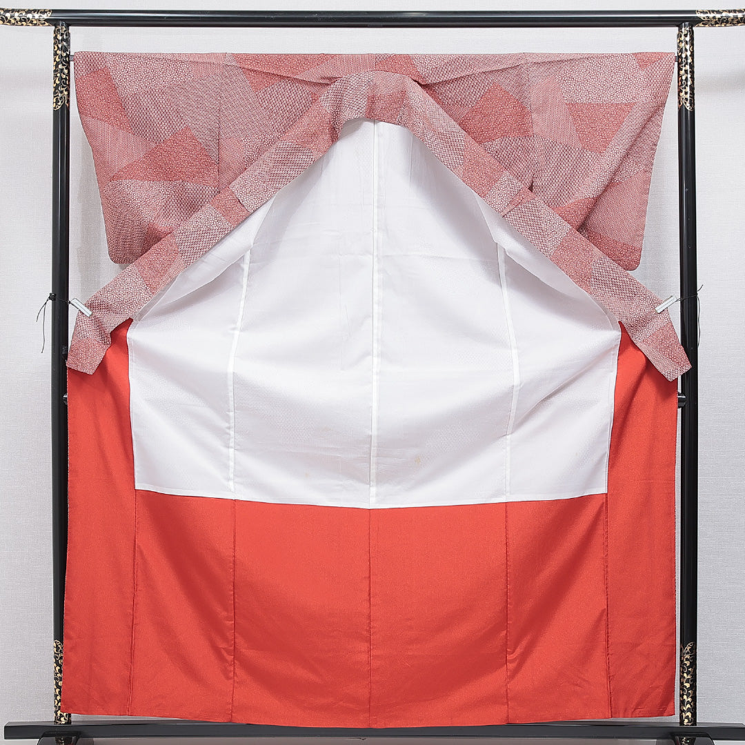 江戸小紋(寄せ柄) 洗える着物 袷 身丈164cm 裄丈67cm ポリエステル Aランク Lサイズ 広衿 インフォーマル 赤系 1262-16227