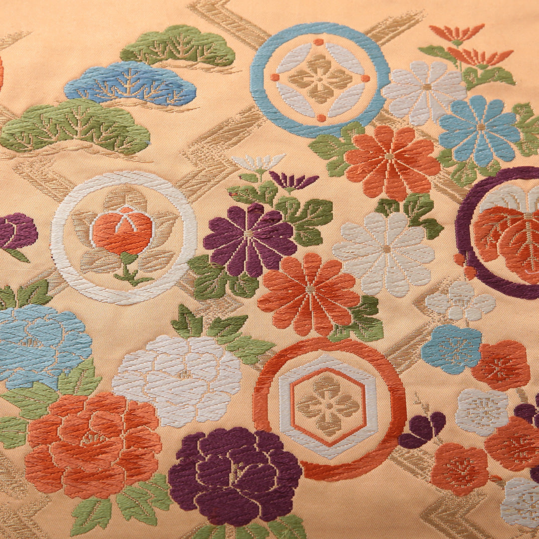 九寸名古屋帯 帯丈354cm セミフォーマル 名古屋仕立て ポイント柄 Cランク 正絹 菊 朱系 1224-03552