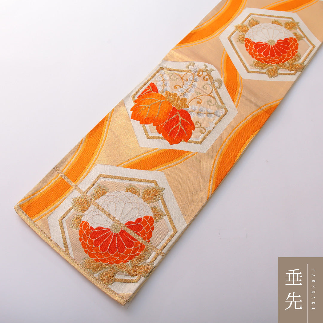 アンティーク 袋帯 帯丈420cm 六通 未仕立て 帯芯なし Aランク 正絹 亀甲 菊 金系 1223-01990