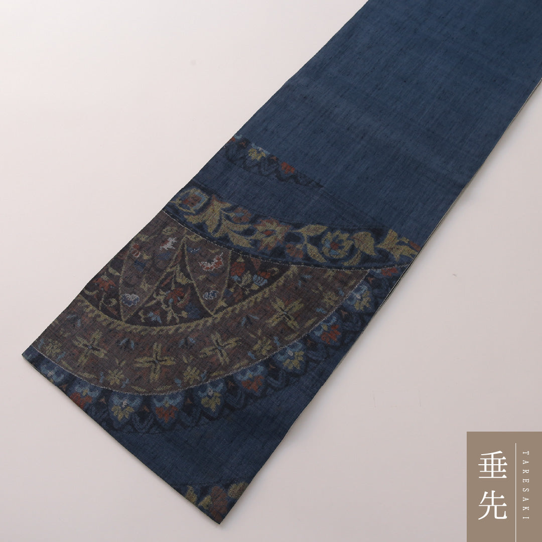 袋帯 帯丈440cm セミフォーマル 全通 帯芯なし Aランク 正絹 創作柄 ガード加工 紺系 多色系 1223-01905