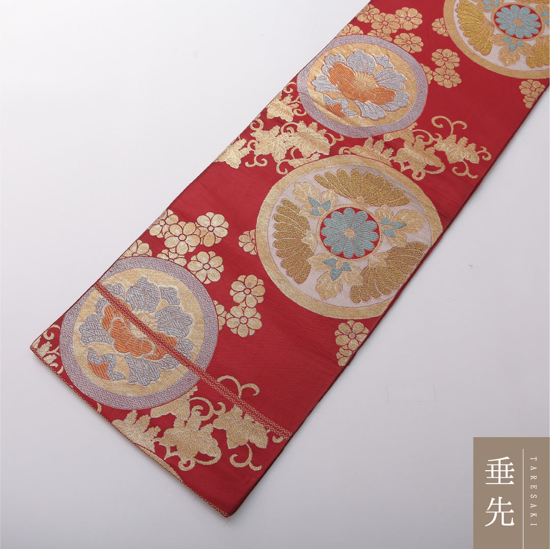 九寸名古屋帯 帯丈396cm セミフォーマル 開き仕立て 六通 Cランク 正絹 有職文様 赤系 1224-03499