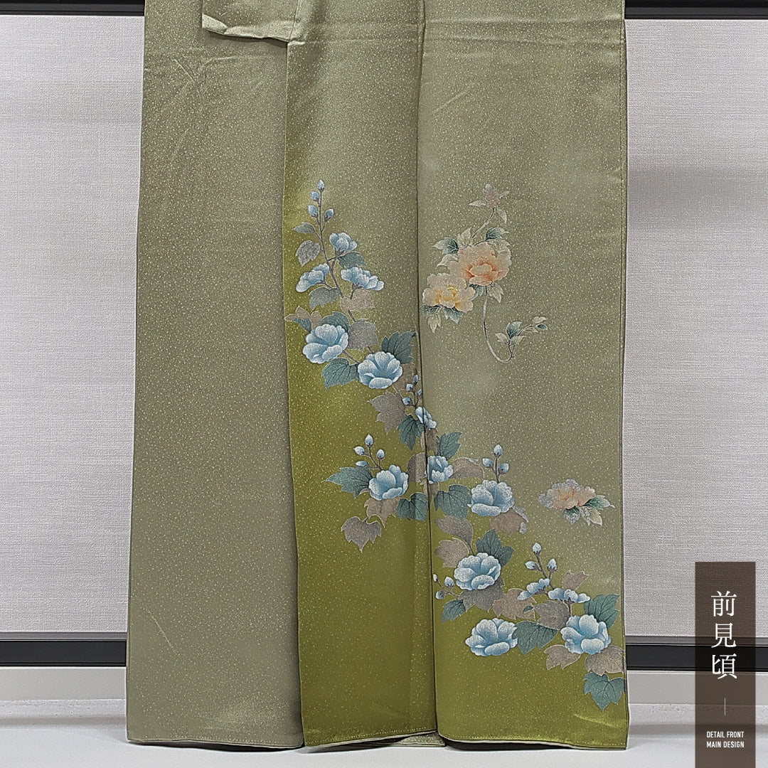 訪問着 袷 身丈161cm 裄丈67cm 正絹 Cランク Lサイズ 広衿 セミフォーマル 牡丹 緑系 1212-15660