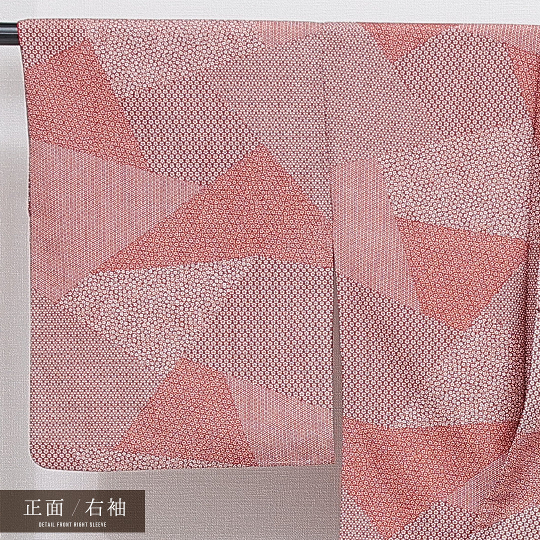 江戸小紋(寄せ柄) 洗える着物 袷 身丈164cm 裄丈67cm ポリエステル Aランク Lサイズ 広衿 インフォーマル 赤系 1262-16227