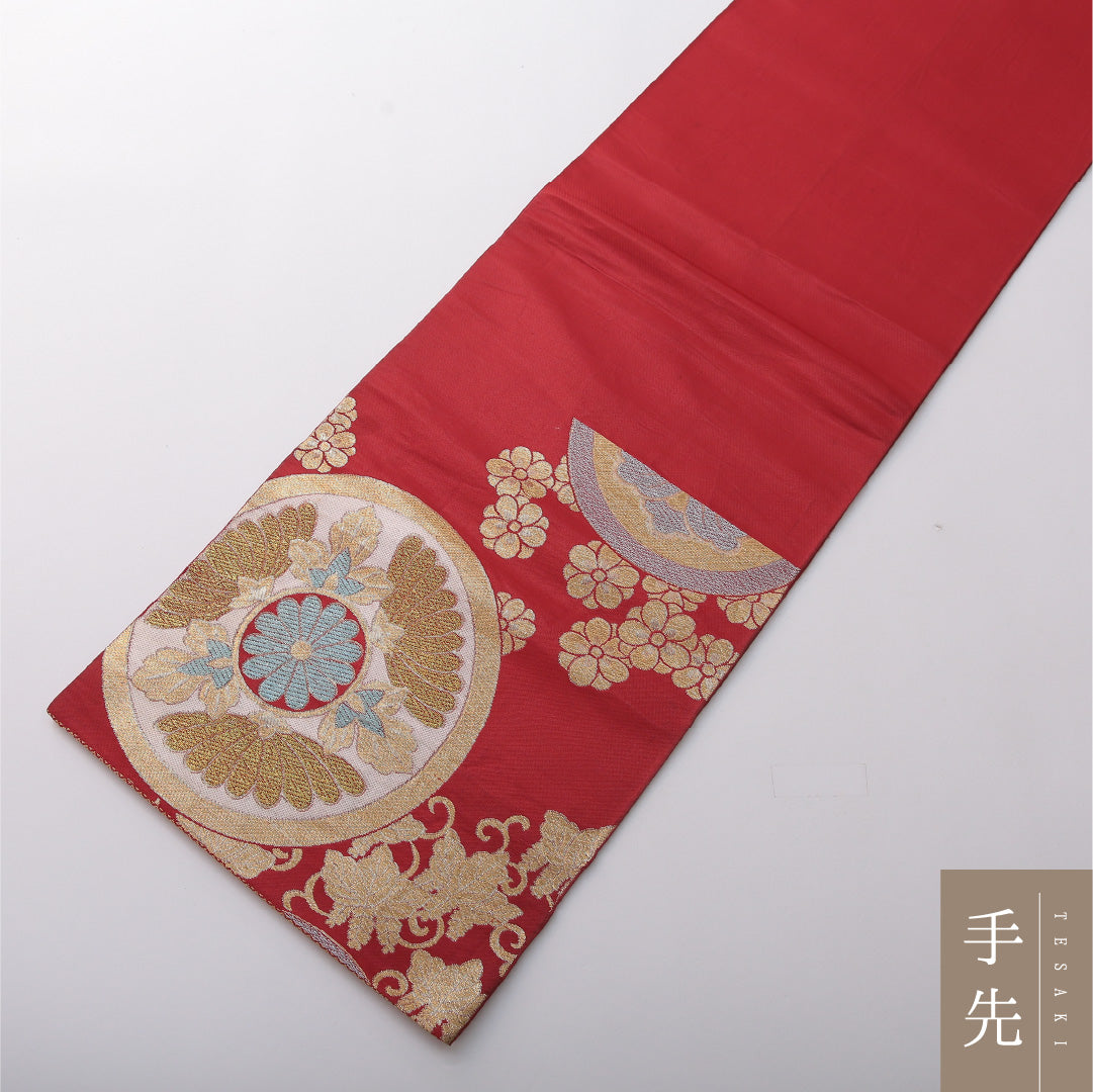 九寸名古屋帯 帯丈396cm セミフォーマル 開き仕立て 六通 Cランク 正絹 有職文様 赤系 1224-03499