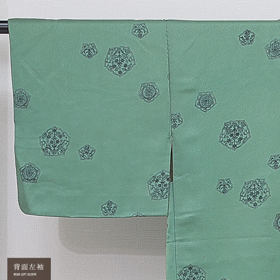 羽織 袷 身丈73cm 裄丈61cm 正絹 Bランク カジュアル Sサイズ 紐あり 鏡裏文 緑系 RP 1232-16119