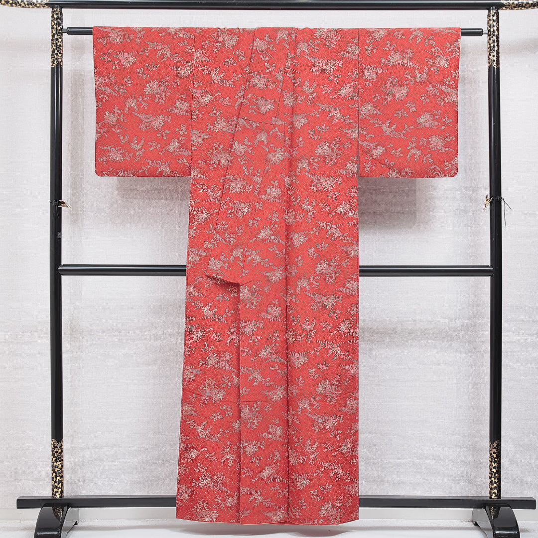 洗える着物 小紋 袷 身丈157cm 裄丈63cm ポリエステル Sランク インフォーマル 広衿 Mサイズ 花柄 赤系 RP 1221-16304