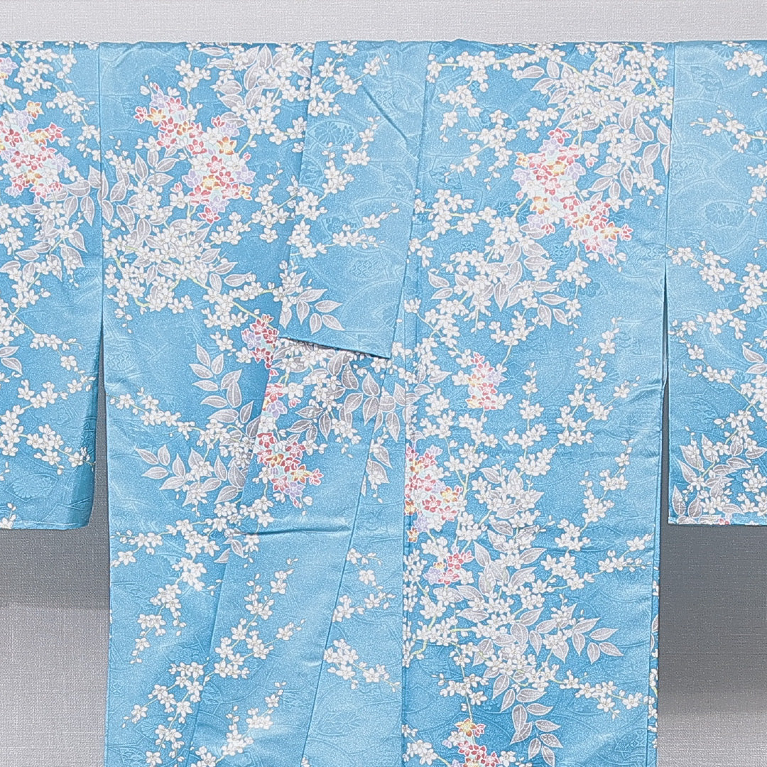 洗える着物 小紋 袷 身丈162cm 裄丈64cm ポリエステル Sランク インフォーマル 広衿 Lサイズ 桜 水色系 RP 1221-15833