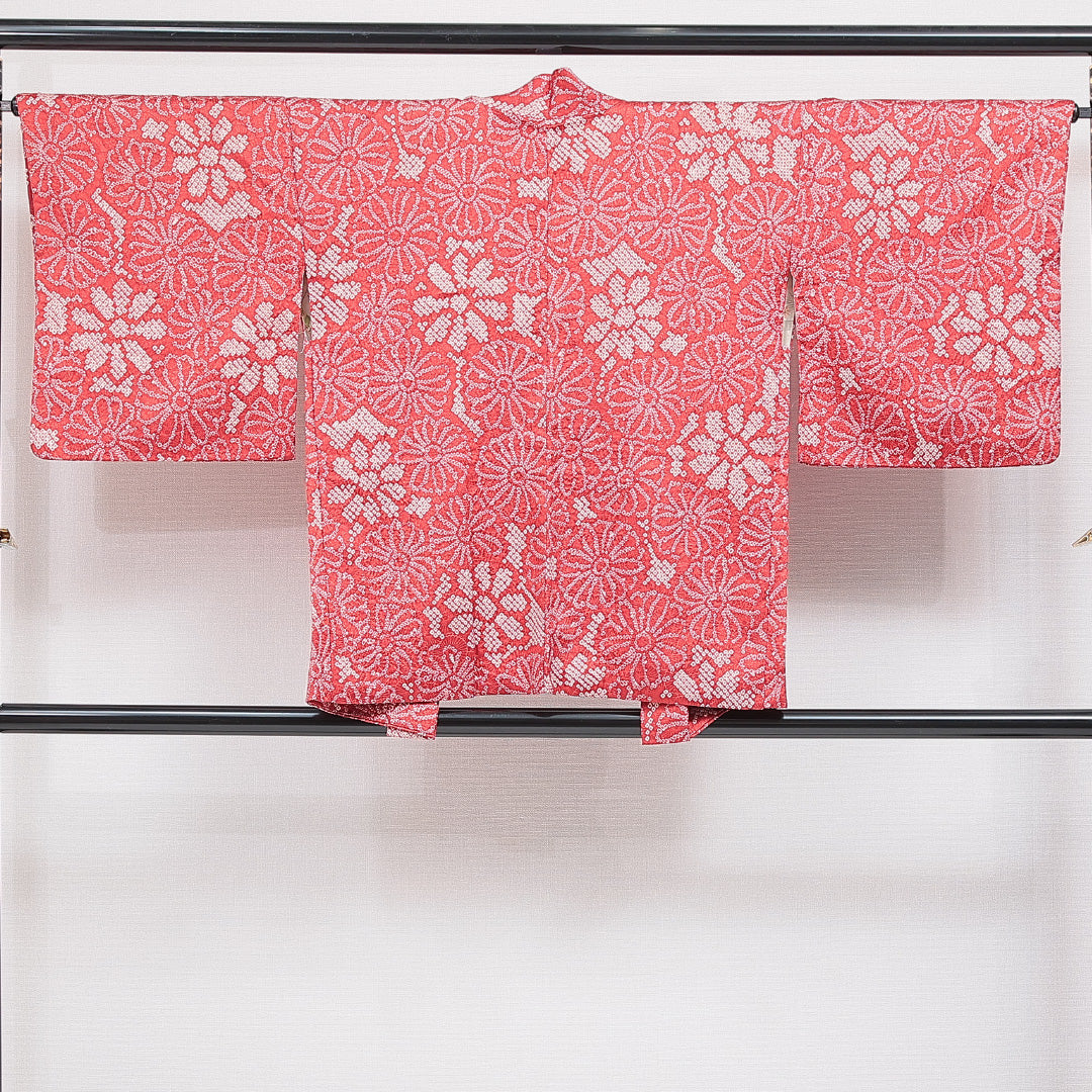 羽織 袷 身丈77cm 裄丈65cm 正絹 Aランク カジュアル Mサイズ 紐あり 菊 赤系 HP 1232-16454