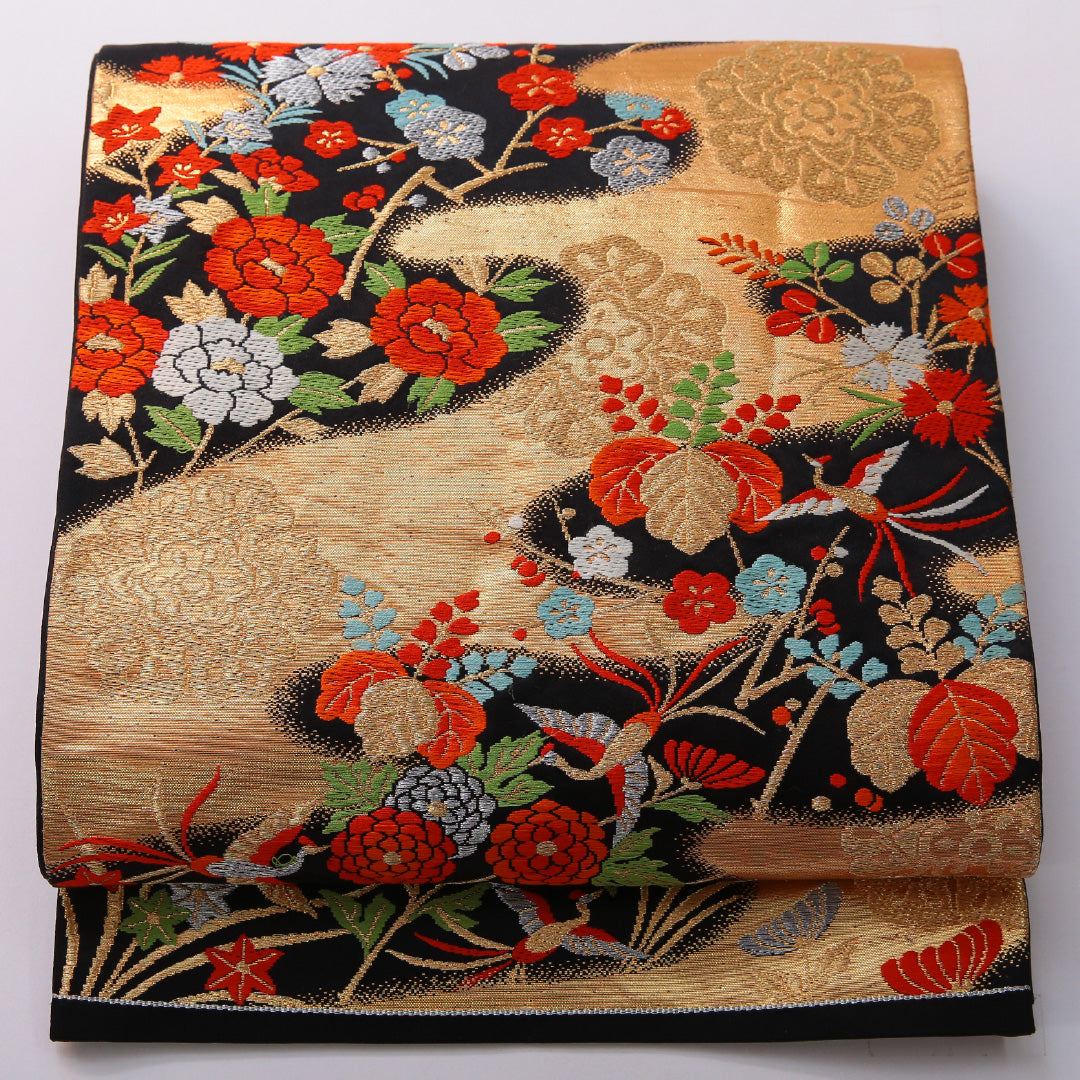 袋帯 帯丈414cm フォーマル 六通 Sランク 正絹 牡丹 桐 黒系 1223-01977