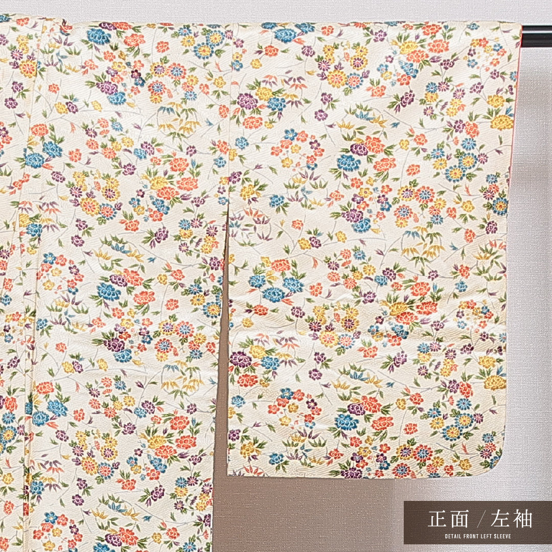 小紋 袷 身丈154cm 裄丈62cm 正絹 Cランク インフォーマル 広衿 Sサイズ 菊 牡丹 クリーム系 LP 1221-16023