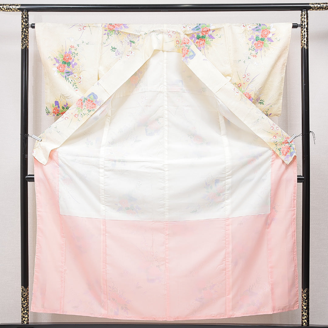 小紋 洗える着物 袷 身丈158cm 裄丈63cm ポリエステル Sランク Mサイズ 広衿 インフォーマル 椿 黄系 1215-15809