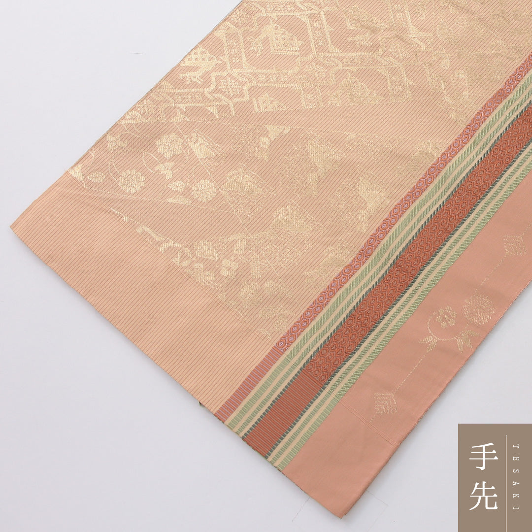 袋帯 帯丈450cm セミフォーマル 六通 未仕立て 帯芯なし Sランク 正絹 有栖川鹿文 証紙 ピンク系 1223-02232