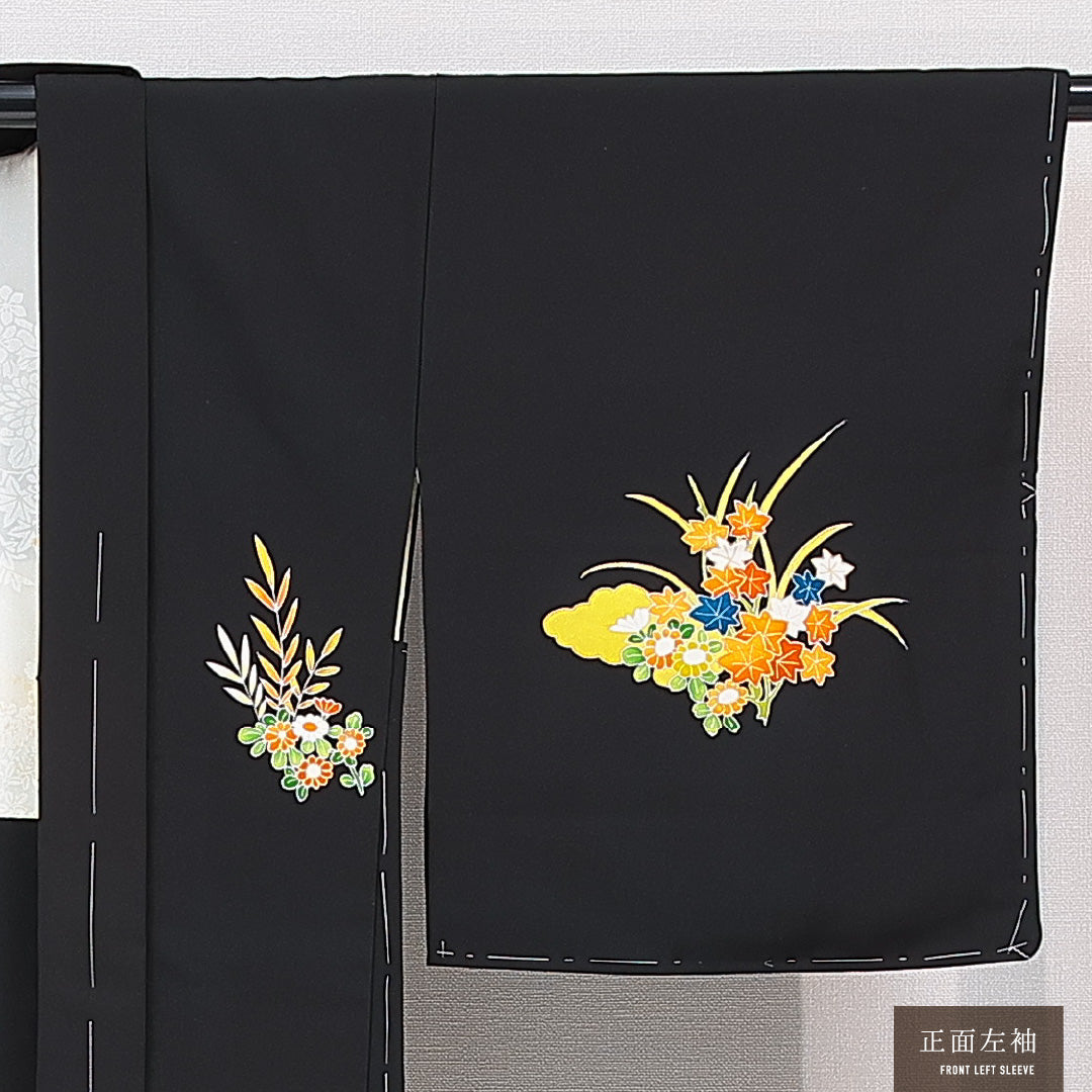 黒羽織 袷 身丈79cm 裄丈63cm 正絹 Aランク 一つ紋 (五三桐) セミフォーマル Sサイズ 紐あり 花車 黒系 RP 1233-15306