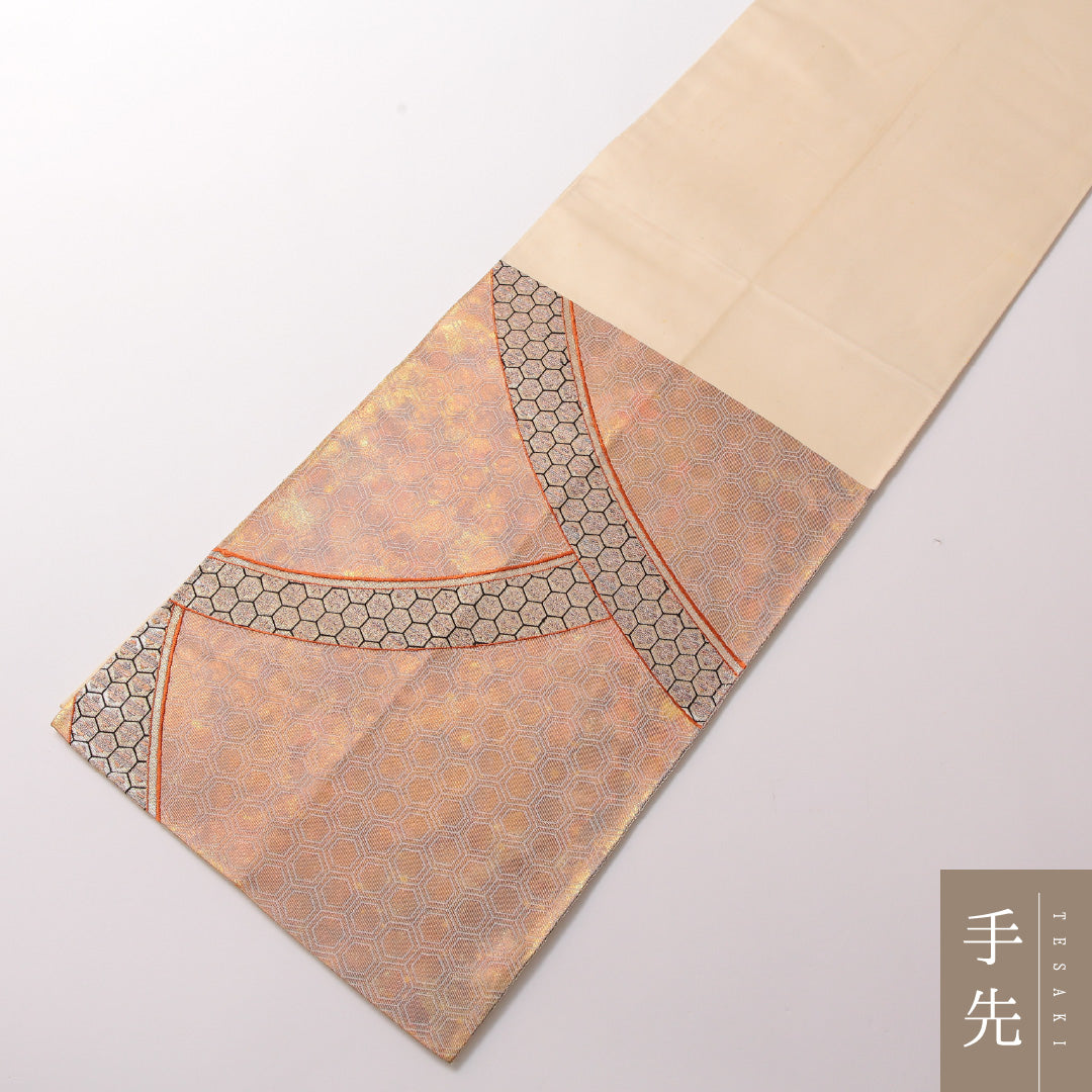 袋帯 帯丈424cm 正絹 六通 セミフォーマル 花菱亀甲 金系 1243-01847