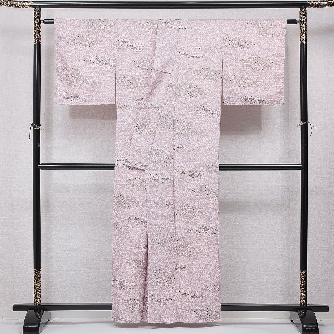 小紋 洗える着物 袷 身丈159cm 裄丈64cm ポリエステル Sランク Mサイズ 広衿 インフォーマル 青海波 紫系 1215-15789