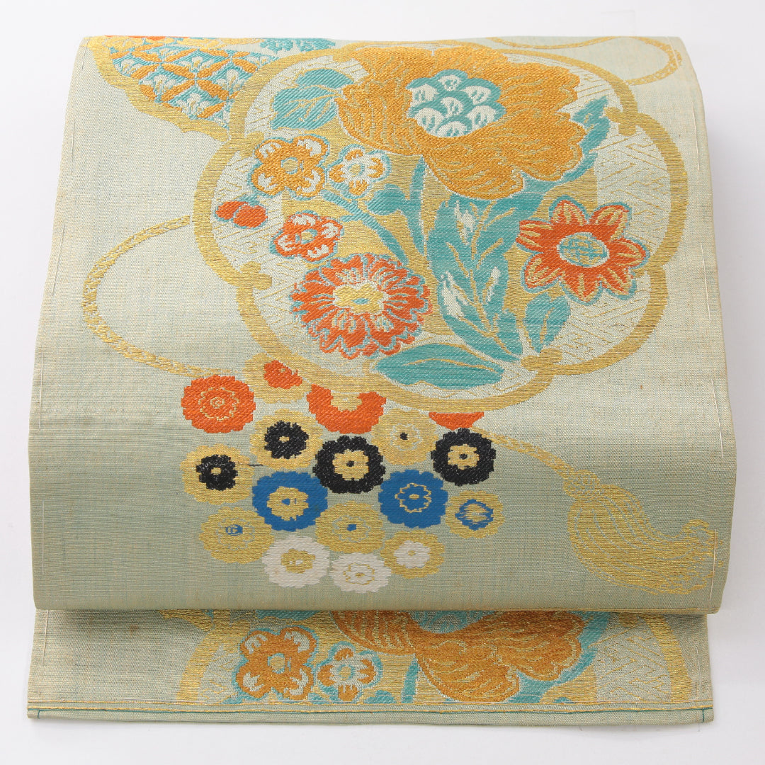 アンティーク 九寸名古屋帯 帯丈342cm 名古屋仕立て 六通 Cランク 正絹 花柄 緑系 1224-04048