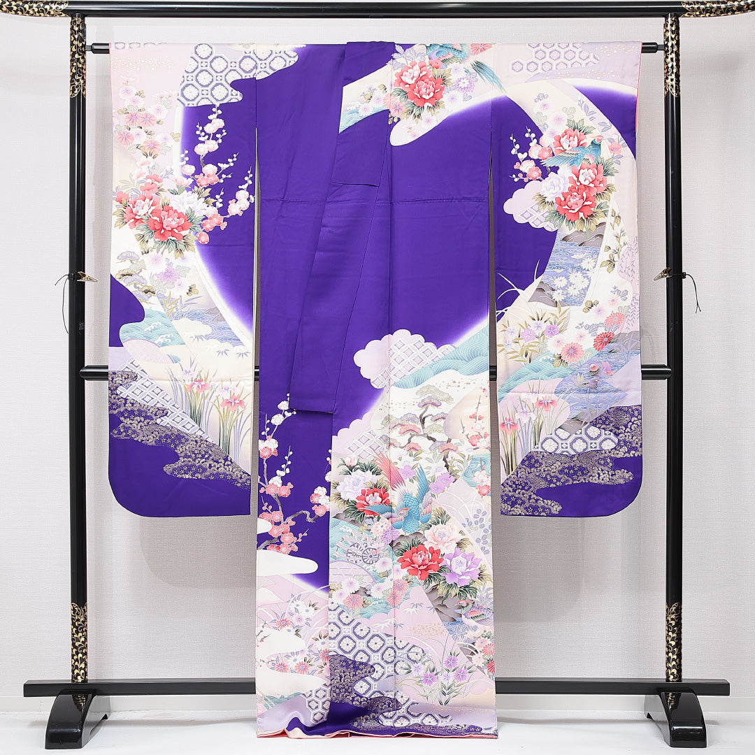振袖 袷 身丈167cm 裄丈66cm フォーマル Aランク XLサイズ 正絹 広衿 雉 牡丹 1213-F0664