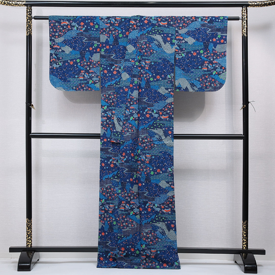 紬 単衣 身丈167cm 裄丈65cm 正絹 Cランク カジュアル バチ衿 XLサイズ 染め紬 花柄 青系 LP 1223-15537