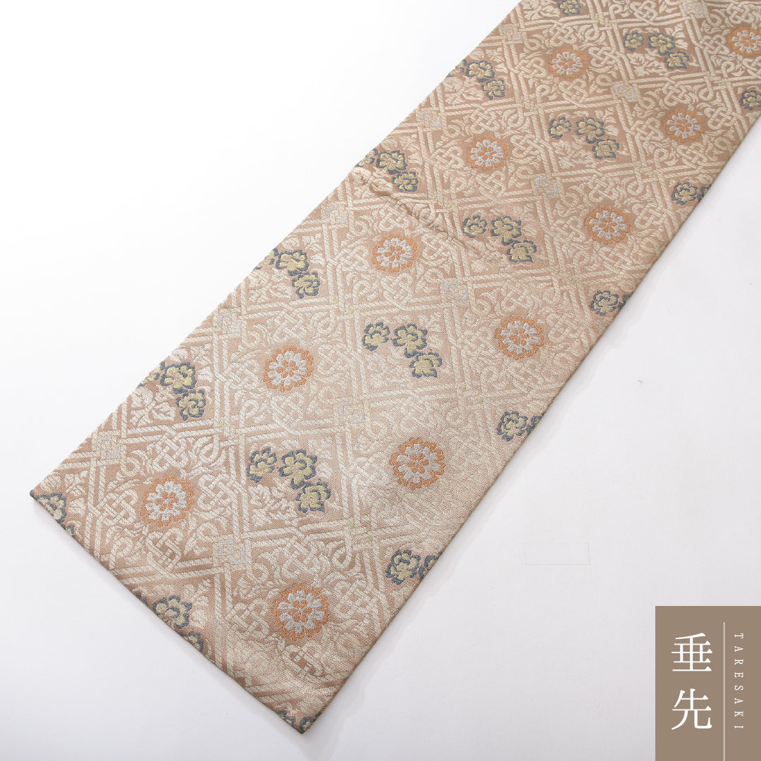 九寸名古屋帯 帯丈343cm カジュアル 名古屋仕立て 六通 Aランク 正絹 菱 花柄 ベージュ系 1224-03837