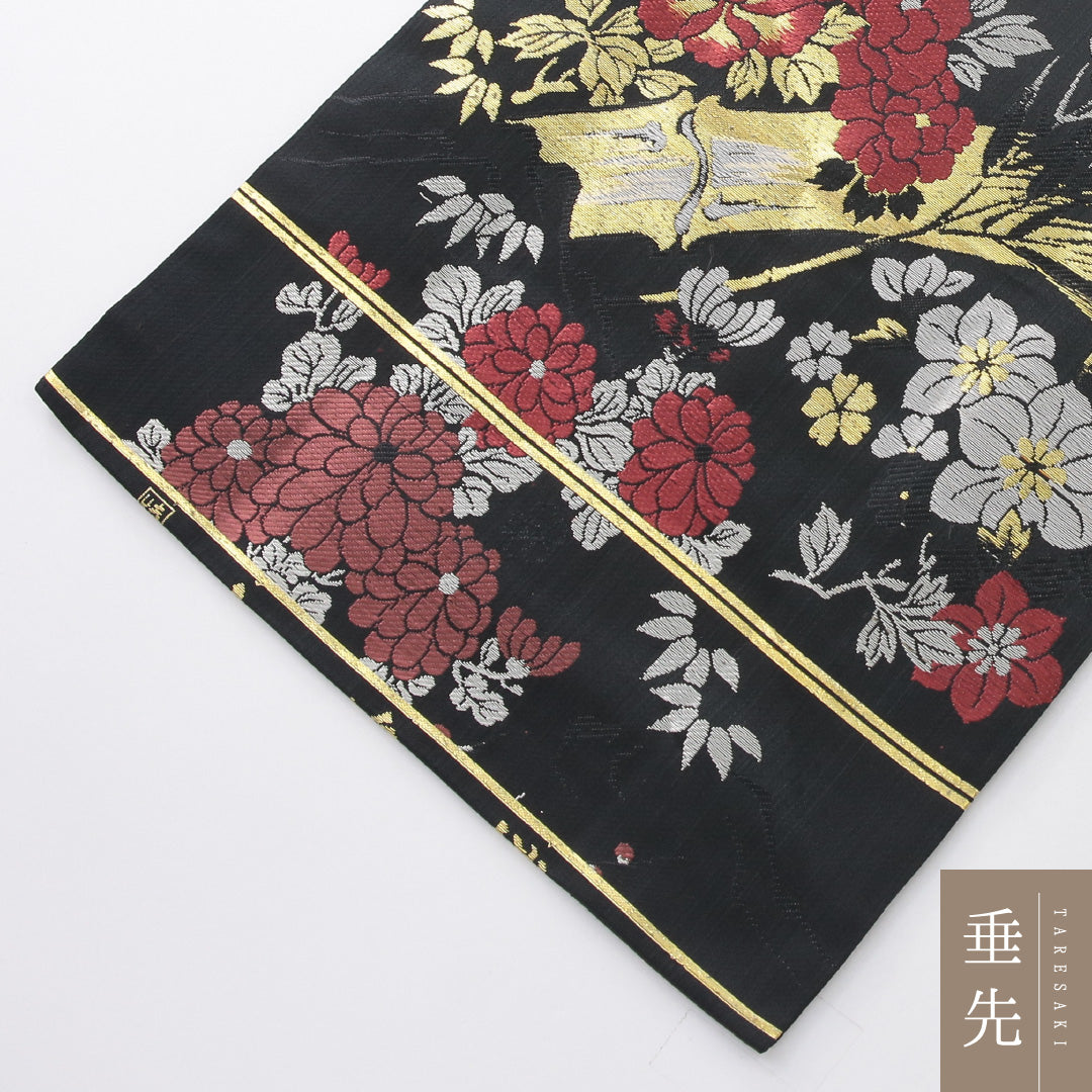 アンティーク 九寸名古屋帯 帯丈342cm 名古屋仕立て 六通 Aランク 正絹 大島織 牡丹 菊 黒系 1224-03970