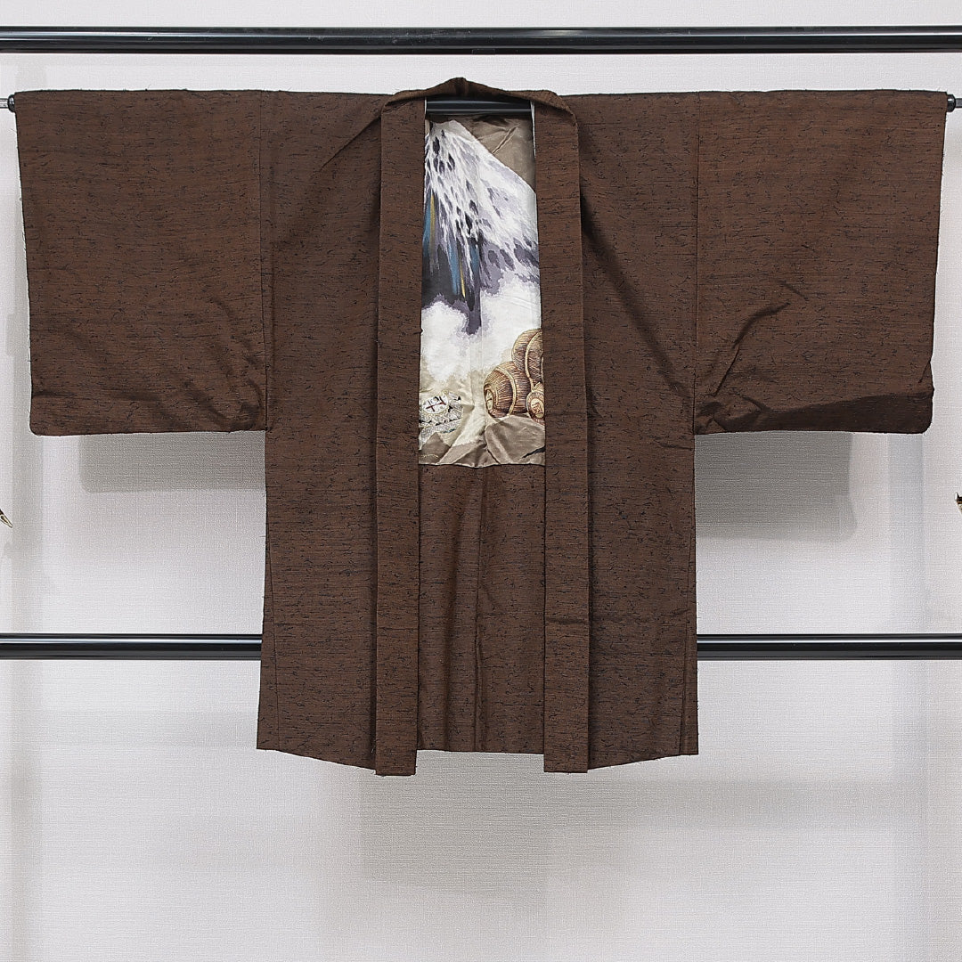 羽織 男性用 (紬) 袷 身丈94cm 裄丈67cm 正絹 Sランク インフォーマル Sサイズ ひげ紬 無地 茶系 M4 1235-15768
