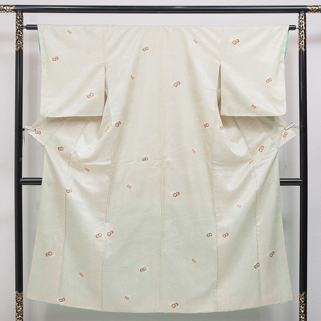 小紋 洗える着物 袷 身丈146cm 裄丈62cm ポリエステル Cランク XSサイズ 広衿 インフォーマル 鼓 青海波 緑系 1215-16316