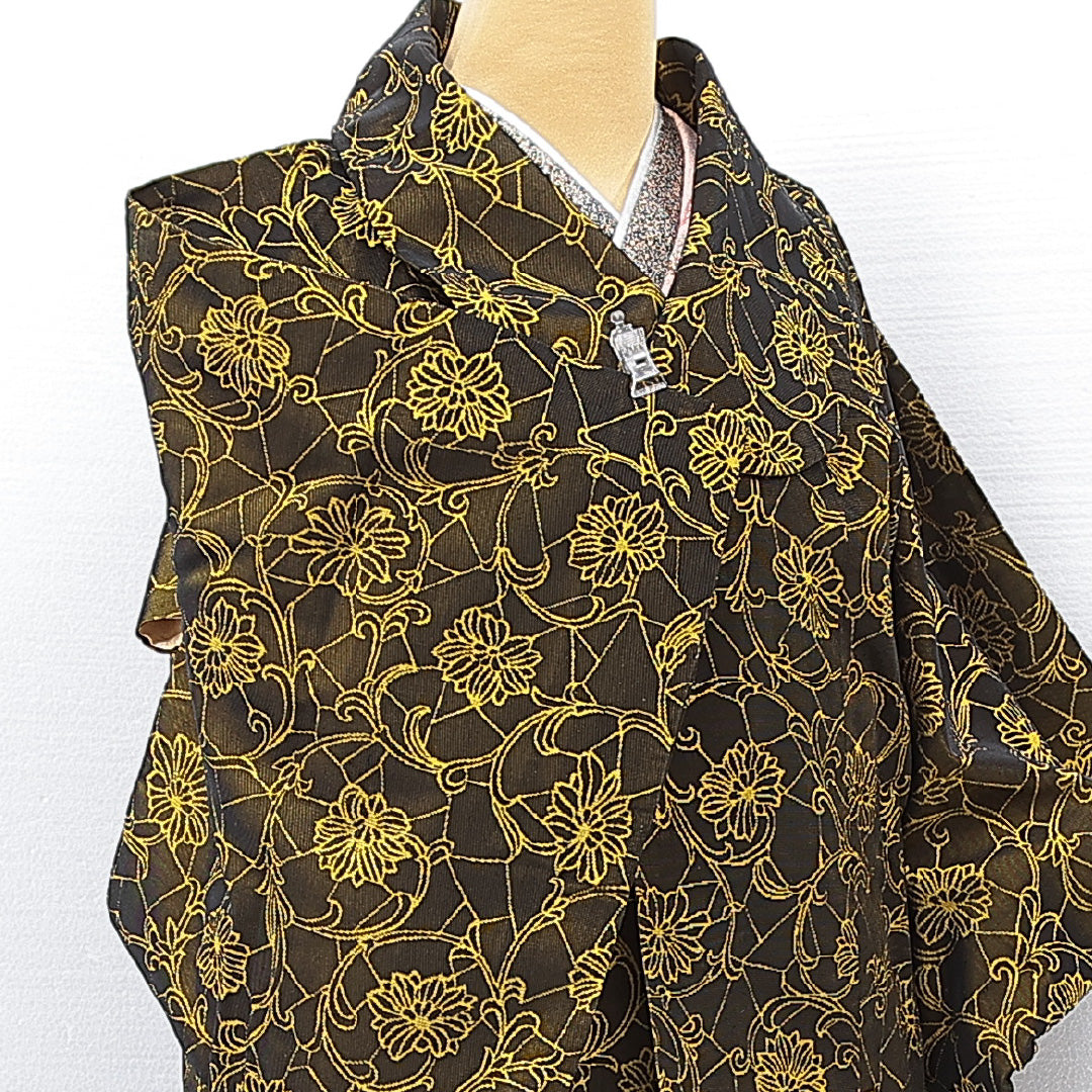 道中着 袷 身丈87cm 裄丈65cm 正絹 Dランク セミフォーマル バチ衿 Mサイズ 唐菊 黒系 HP 1236-15161
