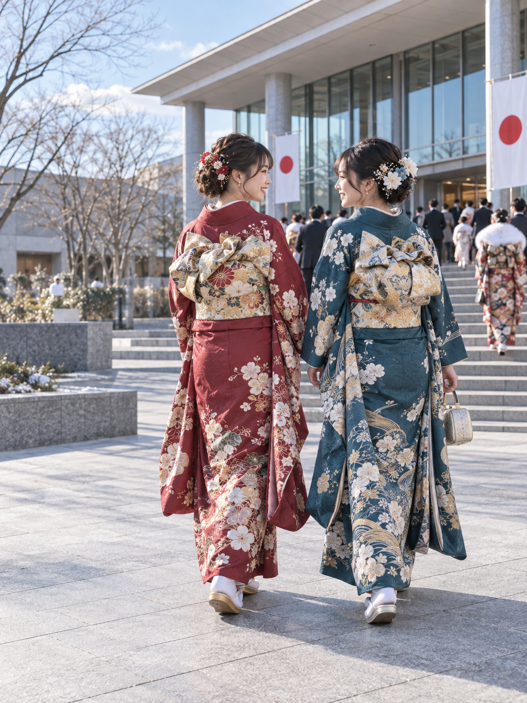 冬の成人式会場へ向かう振袖姿の友人2人