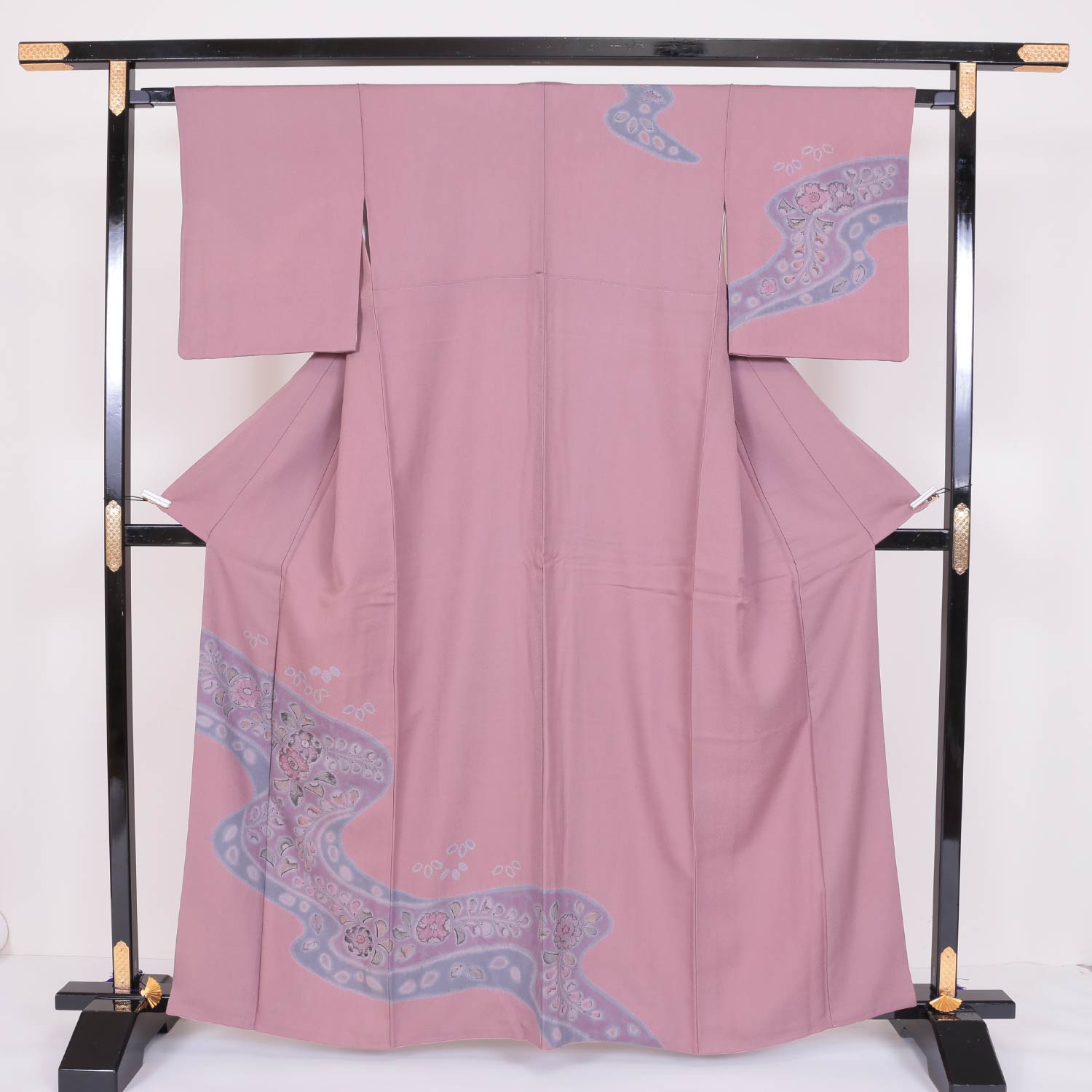 訪問着 袷 身丈161cm 裄丈63cm 正絹 Sランク セミフォーマル 広衿 Lサイズ 辻が花風 流水 花柄 ピンク系 RP 1217-04005