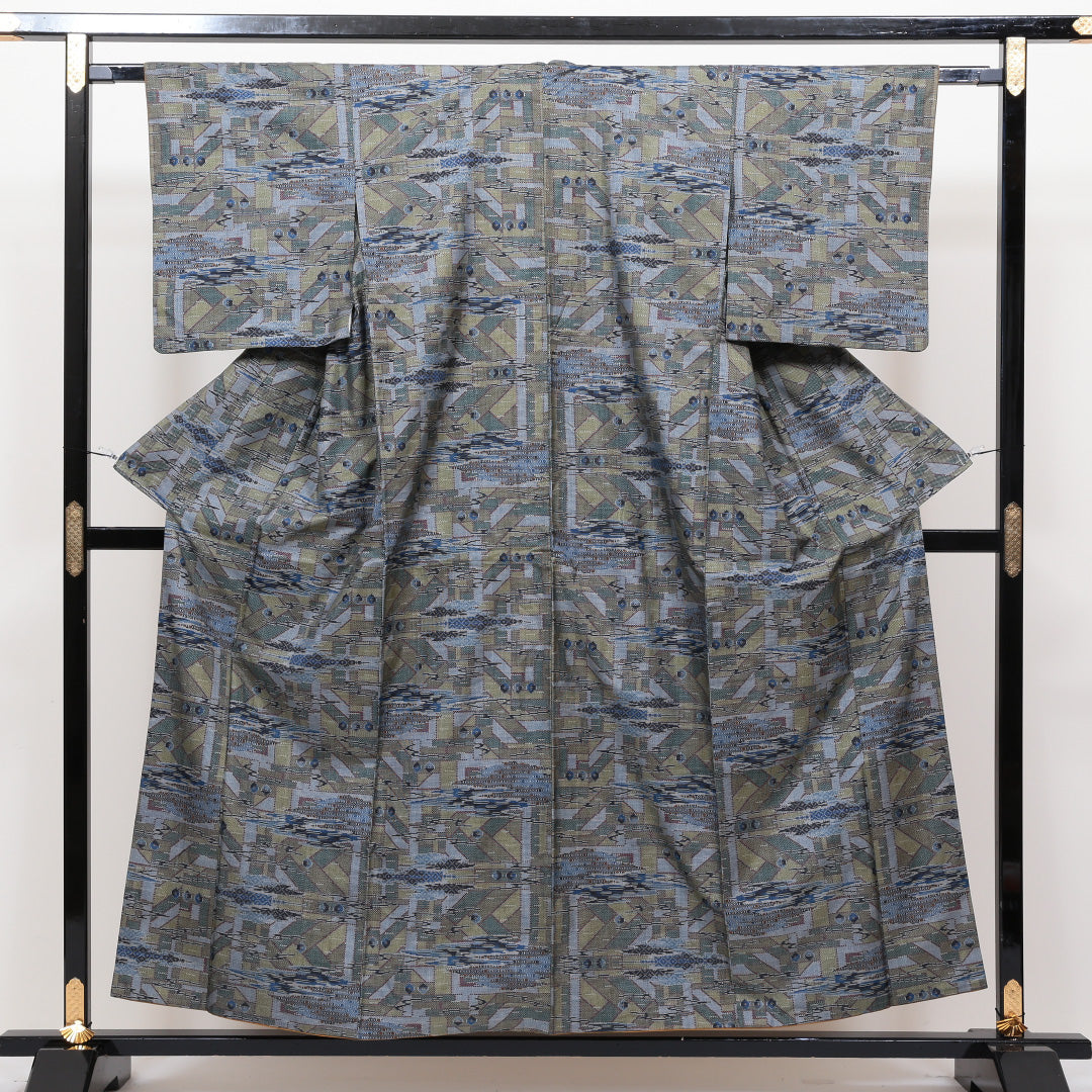 大島紬 袷 身丈153cm 裄丈63cm グレー系 正絹 Sランク 創作 1216222200108
