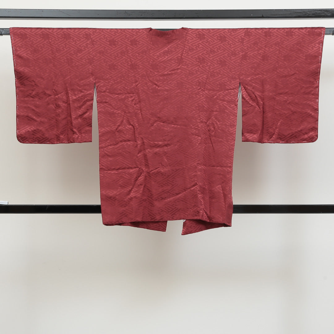 道行コート 袷 身丈79cm 裄丈65cm 正絹 Sランク 紋意匠 (紗綾型に菊) カジュアル Mサイズ 赤系 RP 1237-05515