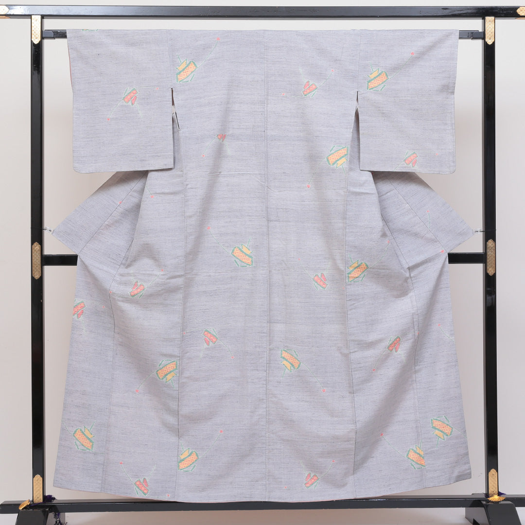 紬 袷 身丈155cm 裄丈64cm 正絹 Cランク カジュアル 広衿 Mサイズ 創作柄 グレー系 HP 1223-02561