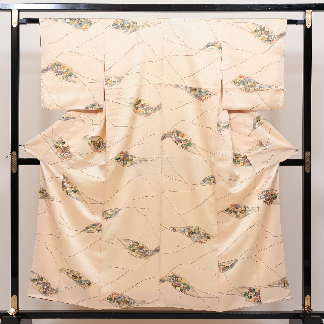 小紋 袷 身丈152cm 裄丈62cm 正絹 Sランク インフォーマル 広衿 Sサイズ 風景柄 クリーム系 RP 1221-00403