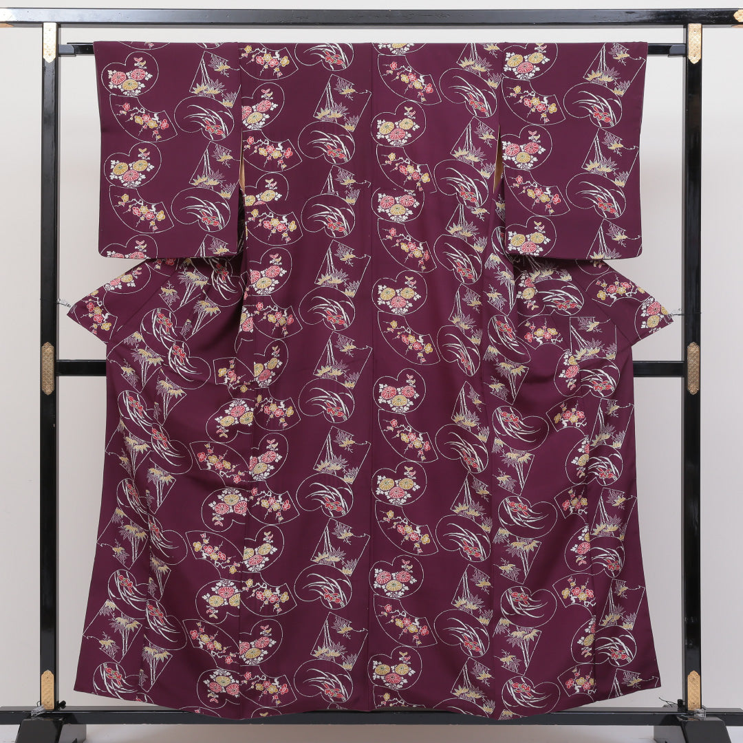 小紋 袷 身丈155cm 裄丈63cm 正絹 Cランク インフォーマル 広衿 Mサイズ 扇 菊 笹 紫系 LP 1221-00346