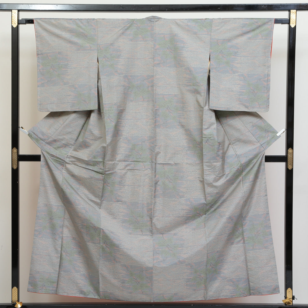大島紬 袷 身丈159cm 裄丈65cm 正絹 Aランク インフォーマル 広衿 Mサイズ 市松 花柄 グレー系 RP 1223-02714