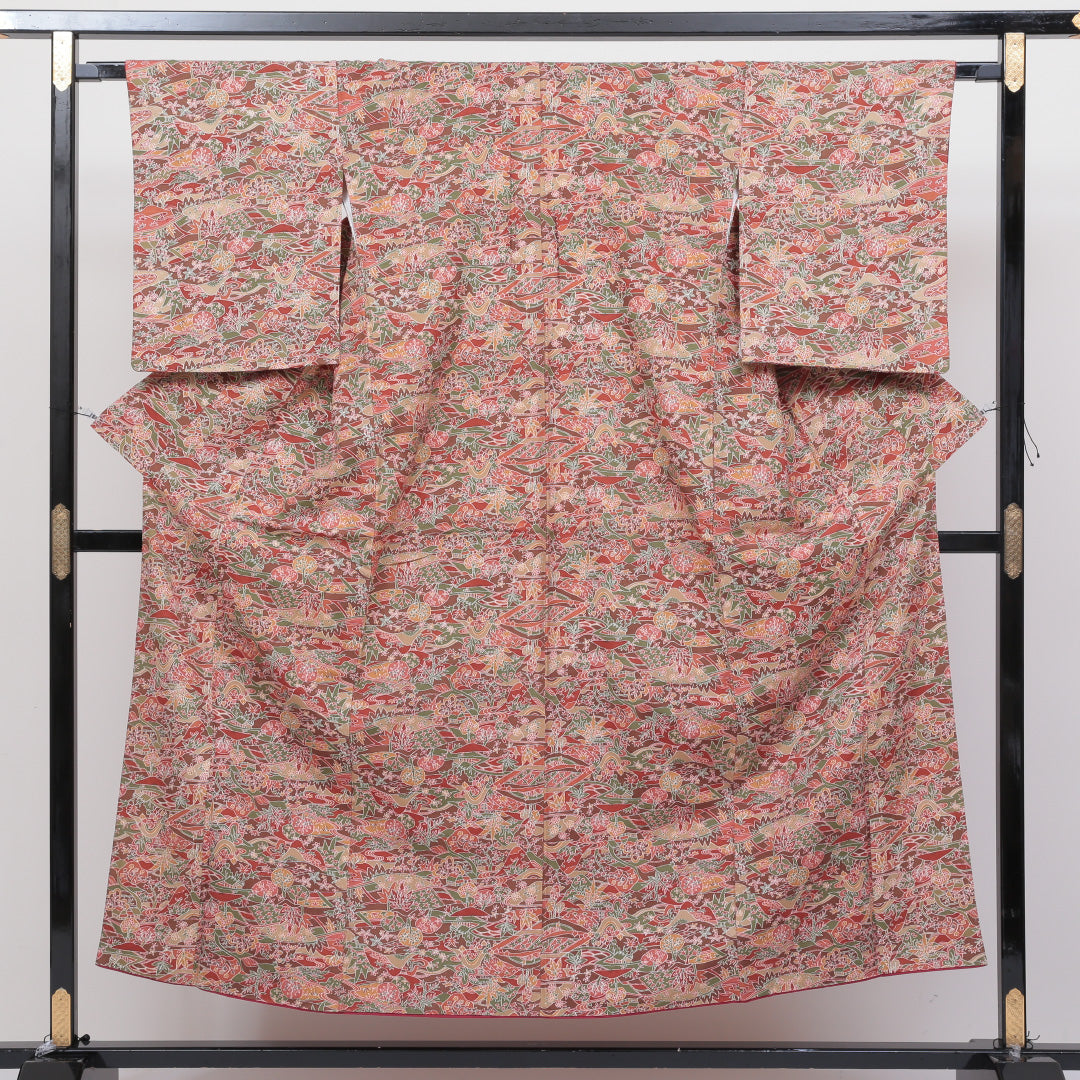 洗える着物 小紋 袷 身丈152cm 裄丈65cm ポリエステル Aランク インフォーマル 広衿 Sサイズ 茶屋辻 茶系 RP 1221-00362