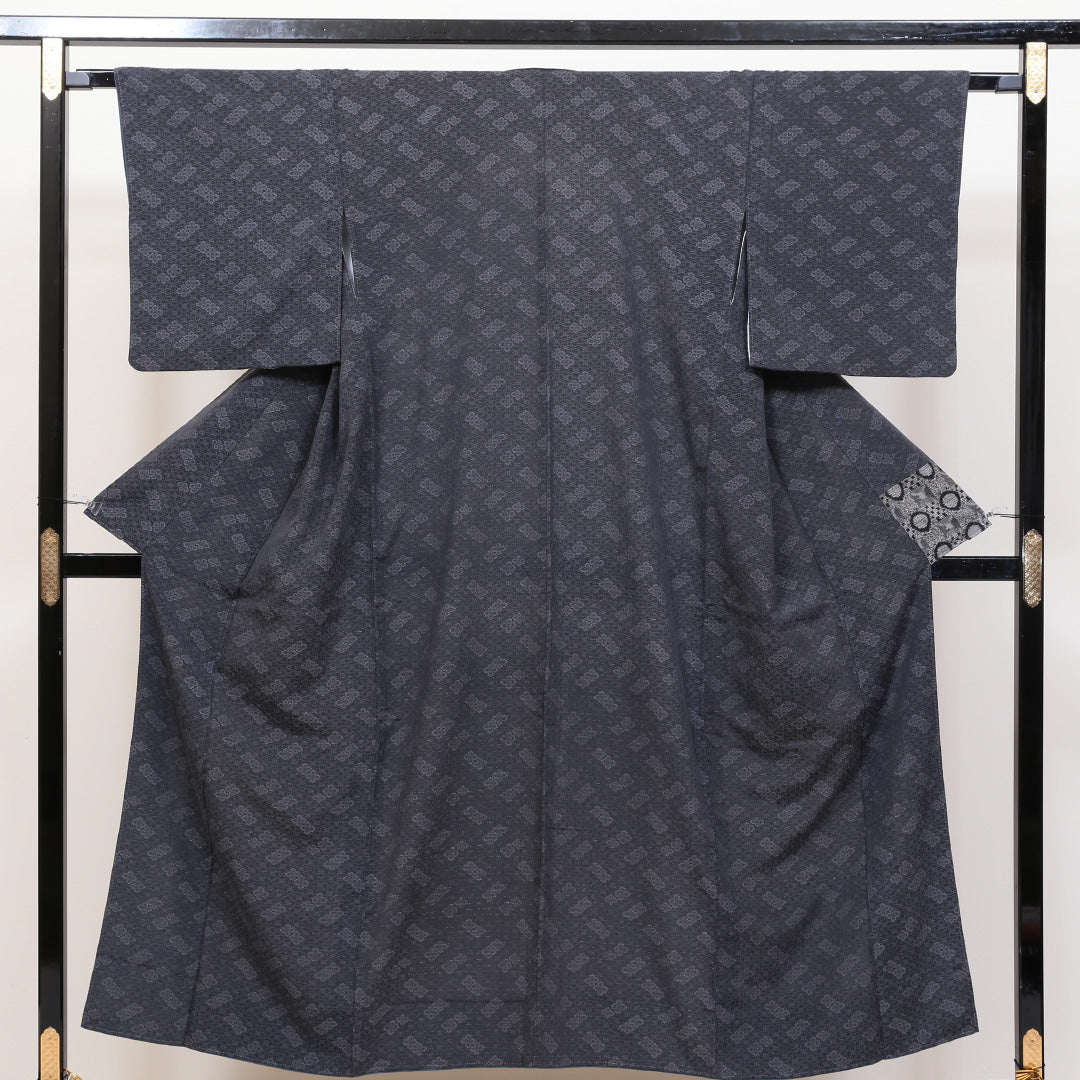 小紋 袷 身丈149cm 裄丈65cm 正絹 Bランク インフォーマル 広衿 XSサイズ 花菱 グレー系 RP 1221-00428