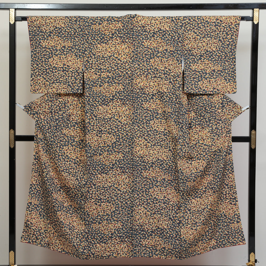小紋 袷 身丈148cm 裄丈65cm 正絹 Sランク インフォーマル 広衿 XSサイズ 扇 紺系 RP 1221-00781
