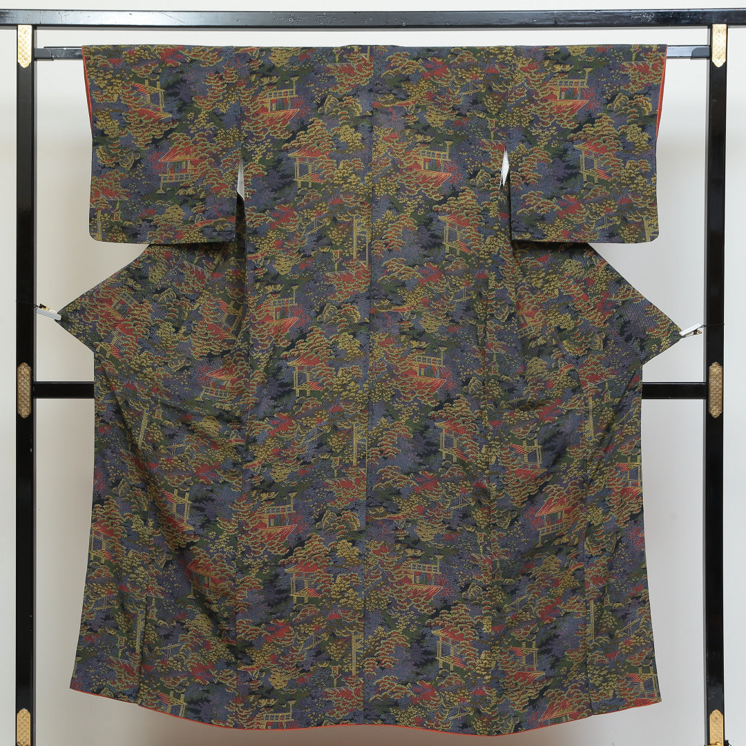 小紋 袷 身丈149cm 裄丈63cm 正絹 Aランク インフォーマル 広衿 XSサイズ 茶屋辻 紺系 RP 1221-00749
