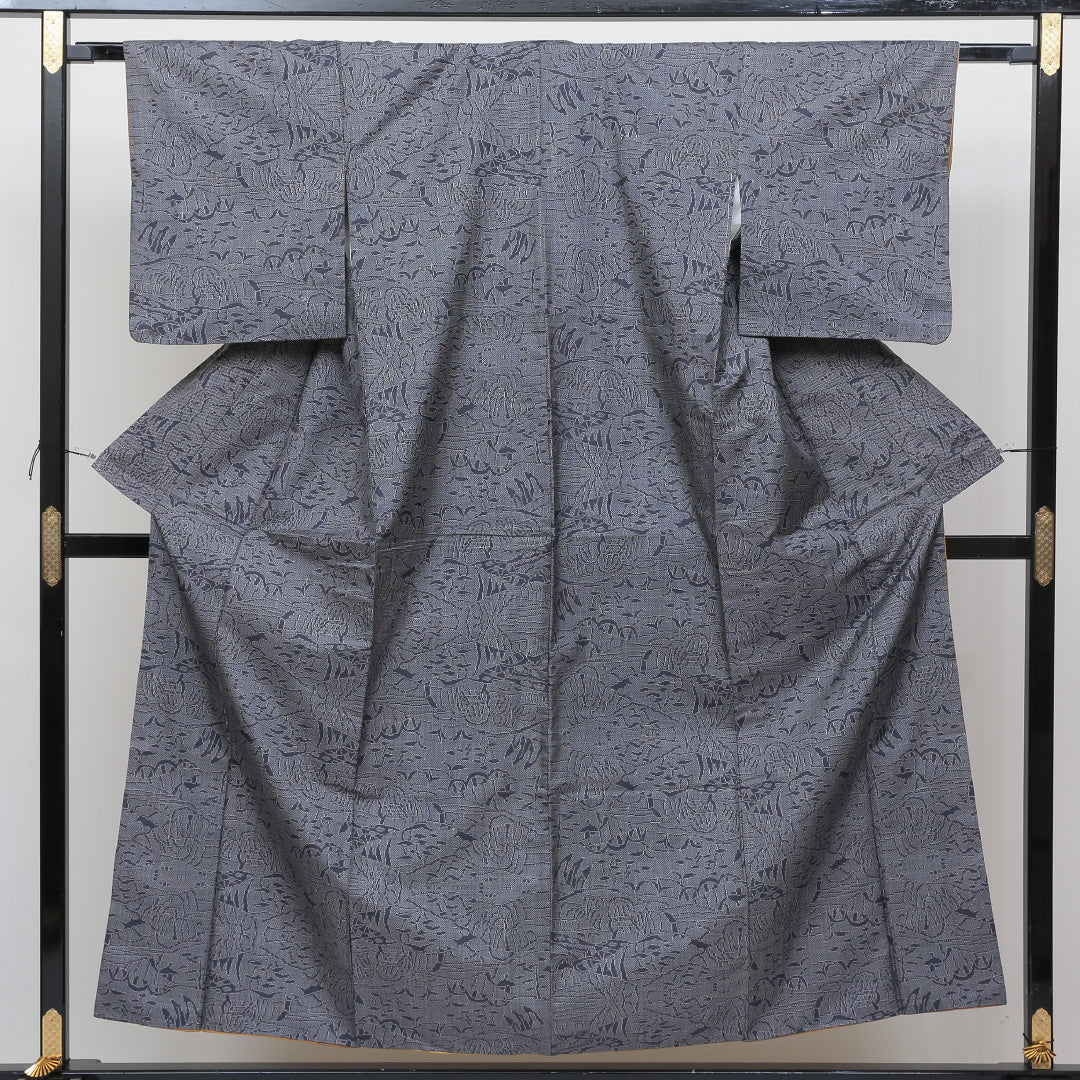 村山大島紬 袷 身丈154cm 裄丈62cm 正絹 Aランク インフォーマル 広衿 Sサイズ 植物柄 紺系 RP 1223-02620