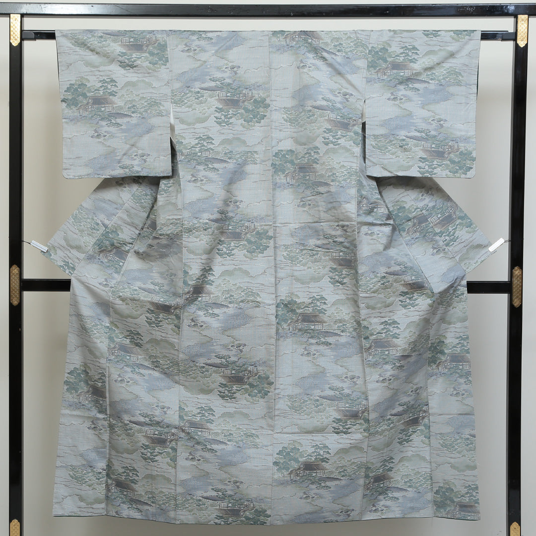 大島紬 袷 身丈151cm 裄丈62cm 正絹 Sランク インフォーマル 広衿 Sサイズ 9マルキ 茶屋辻 緑系 SR 1223-02726
