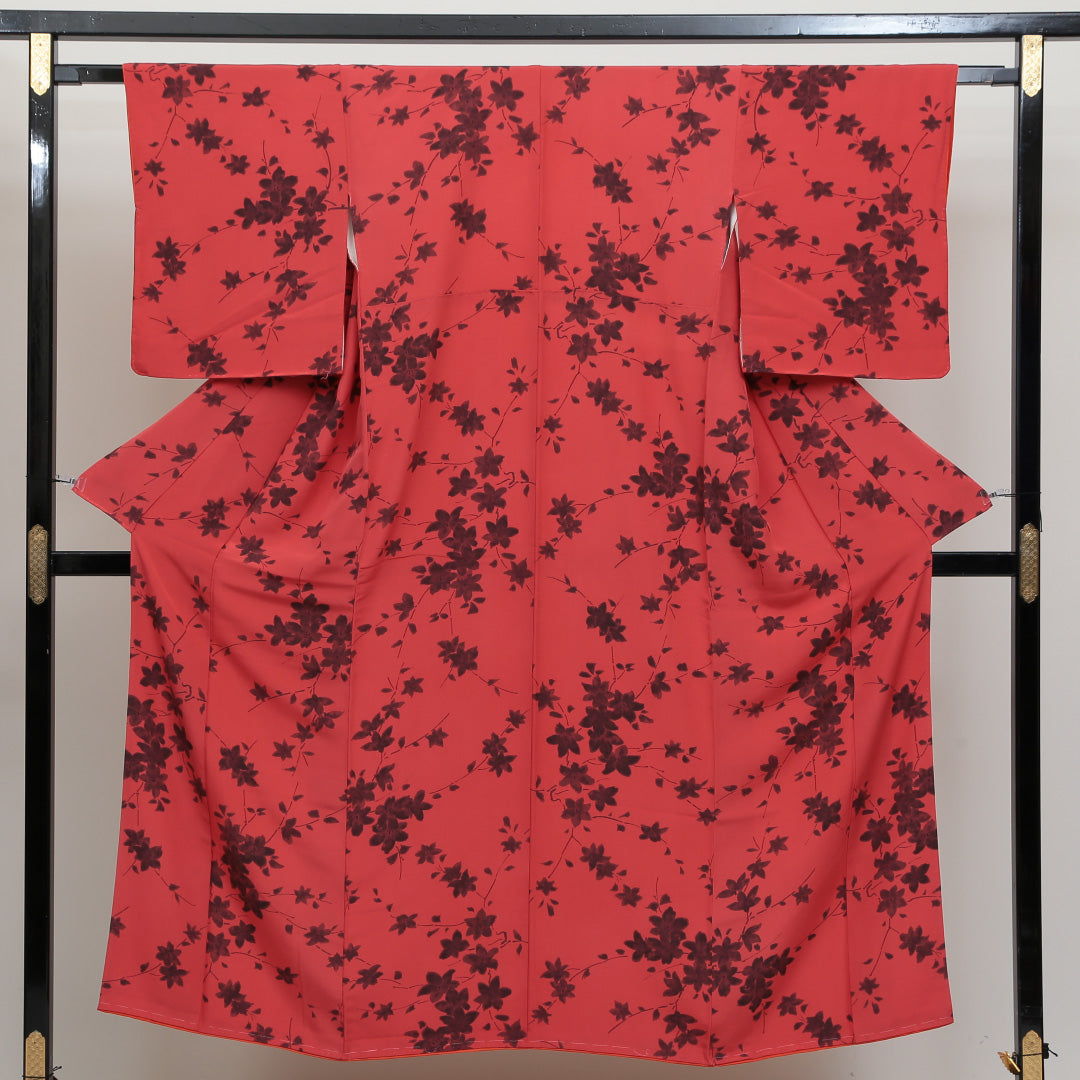 小紋 袷 身丈149cm 裄丈63cm 正絹 Aランク インフォーマル 広衿 XSサイズ 花柄 朱系 RP 1221-00654