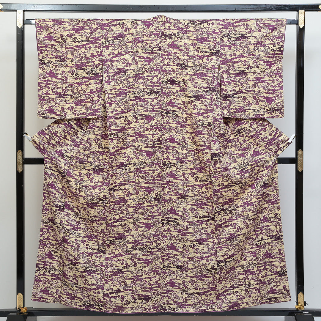小紋 袷 身丈154cm 裄丈66cm 正絹 Sランク インフォーマル 広衿 Sサイズ 楼閣 紫系 RP 1221-00835