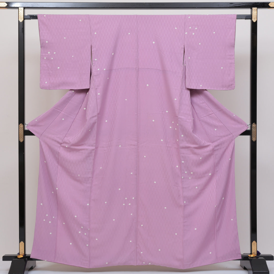 小紋 袷 身丈162cm 裄丈63cm 正絹 Aランク インフォーマル 広衿 Lサイズ よろけ縞 紫系 HP 1221-00244